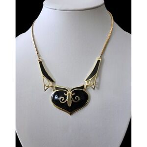 80's Art Deco Enamel Black Heart Pendant Necklace Vintage Art Deco Gold Plated